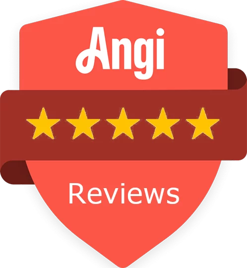 Red badge with "Angi" at the top, five gold stars, and "Reviews" at the bottom.